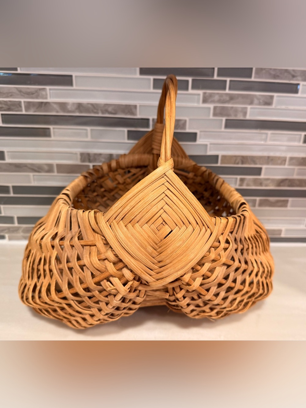 Vintage Primitive Buttocks Basket Gods Eye Twisted Handle